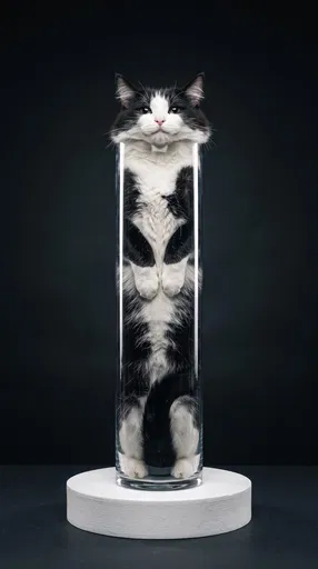 Tuxedo Cat Squeezed in Glass Cylinder