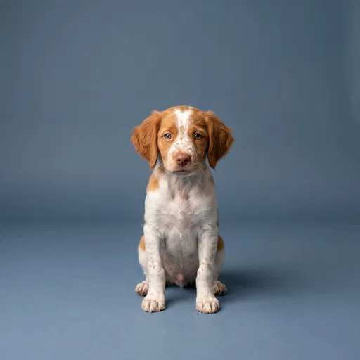 Brittany Puppy Studio Portrait on Blue