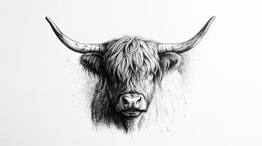 Highland Cow Black Ink Stipple Drawing