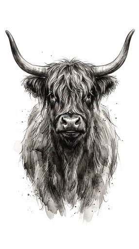Monochrome Ink Wash Highland Cow Portrait