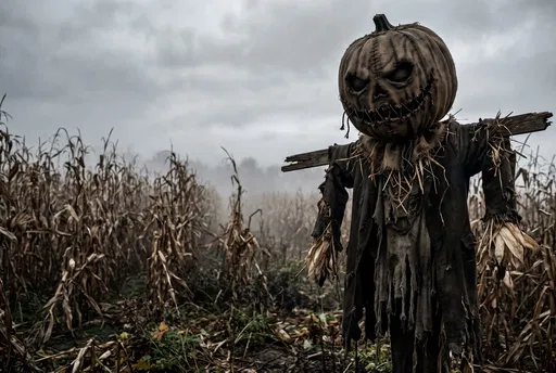 Creepy Burlap Pumpkin Scarecrow in Cornfield