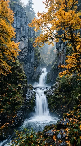 Cascading Waterfall in Autumn Basalt Canyon