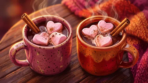 Two Mugs of Hot Chocolate with Heart Marshmallows