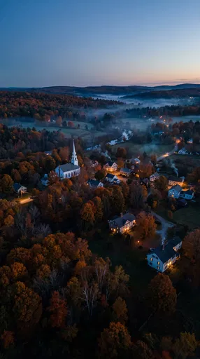 Aerial New England Autumn Village at Twilight