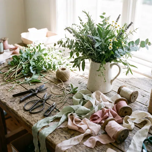 Herb Bouquet and Ribbons on Worktable
