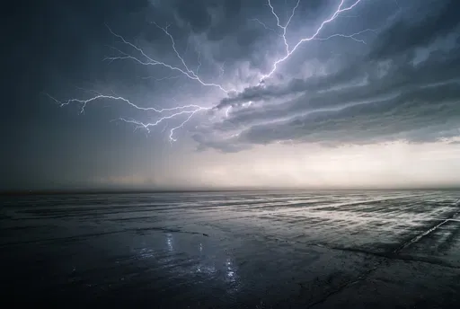 Lightning Storm Over Wet Asphalt Plain