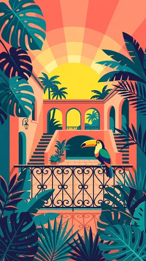 Tropical Courtyard Sunrise with Toucan