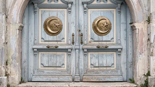 Weathered Blue Doors With Brass Crescents