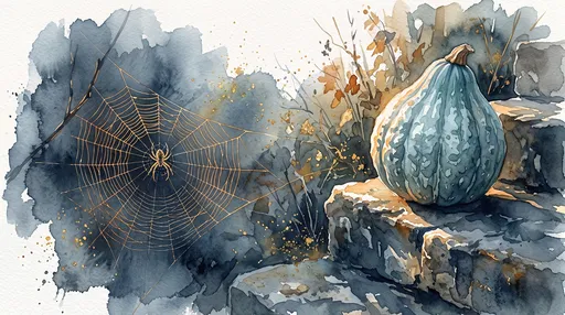 Watercolor Blue Squash and Spider Web