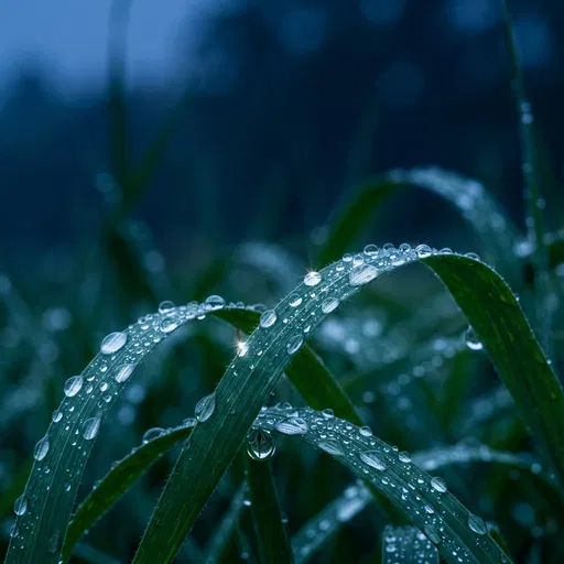 Macro Grass Blades With Morning Dewdrops
