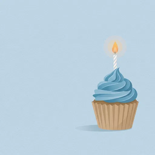 Minimalist Blue Cupcake Illustration with Lit Candle