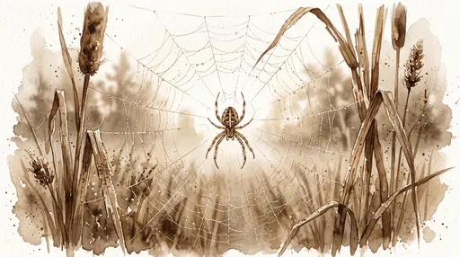 Sepia Watercolor Spider in Reed Web