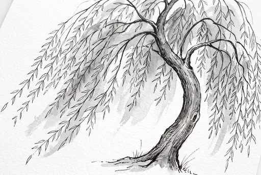 Monochrome Ink Wash Weeping Willow Drawing