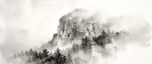 Monochrome Ink Wash Misty Mountain Cliff