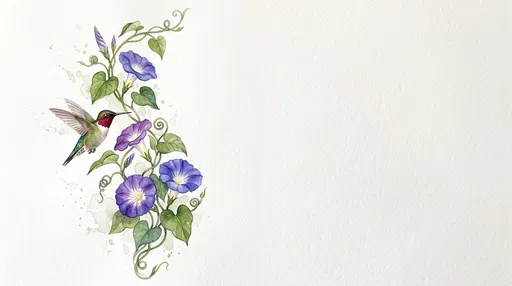 Watercolor Hummingbird and Morning Glory Vines
