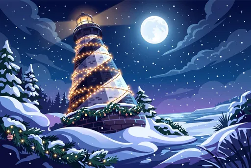 Festive Lighthouse Under Snowy Full Moon