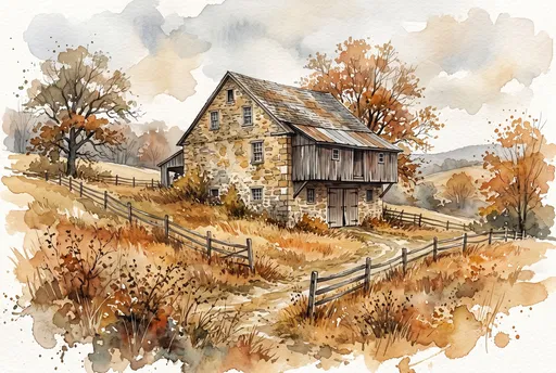 Watercolor Illustration of Historic Stone Barn