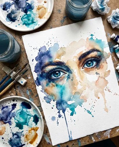 Watercolor Blue Eyes Painting Flat Lay
