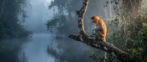 Proboscis Monkey on Misty Riverbank Branch