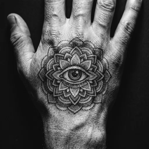 Monochrome Dotwork Eye Mandala Hand Tattoo