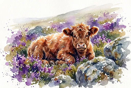 Watercolor Scottish Highland Calf in Heather
