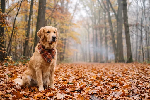 Golden Retriever in Misty Autumn Forest