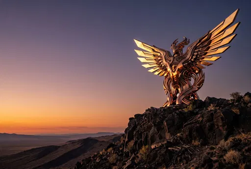 Golden Winged Cybernetic Sculpture at Sunset