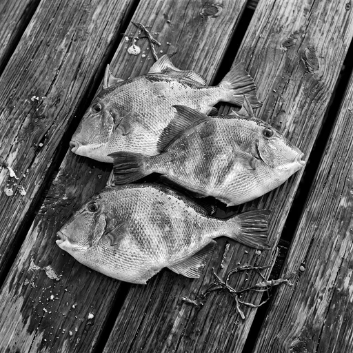 Three Triggerfish on Wooden Dock