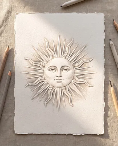 Embossed Sun Drawing on Cotton Paper