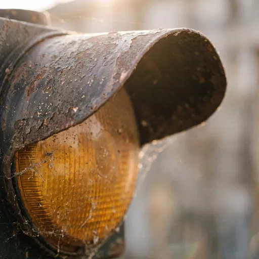Weathered Vintage Amber Traffic Light Close-Up