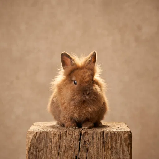 Fluffy Lionhead Bunny on Wooden Block