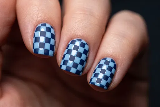 Blue Checkerboard Manicure Macro Shot