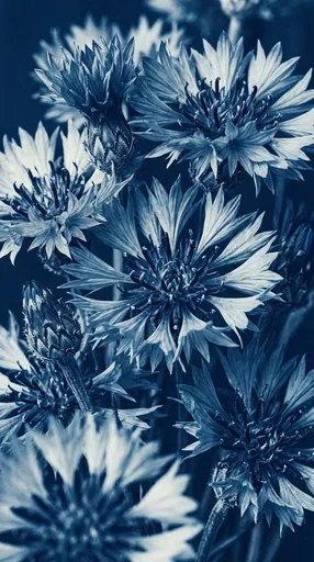 Cyanotype Monochrome Cornflower Blooms Close-Up