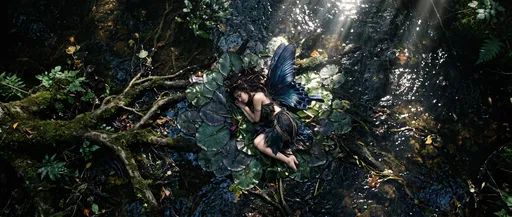 Sleeping Dark Fairy on Forest Stream