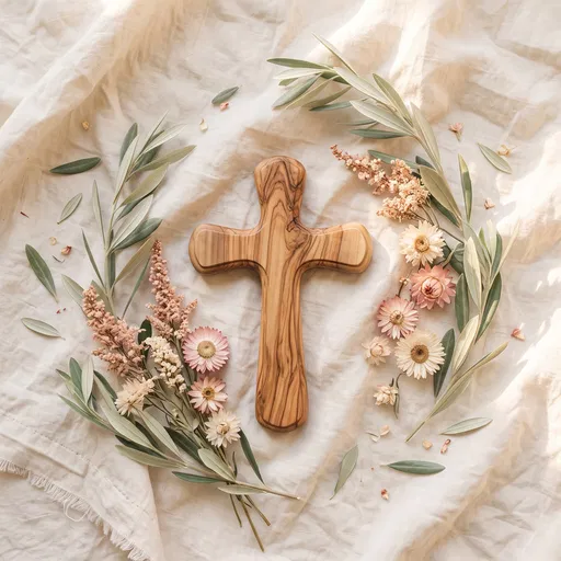 Olive Wood Cross on Cream Linen