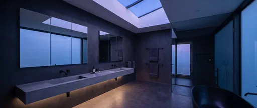 Modern Monochrome Bathroom at Blue Hour