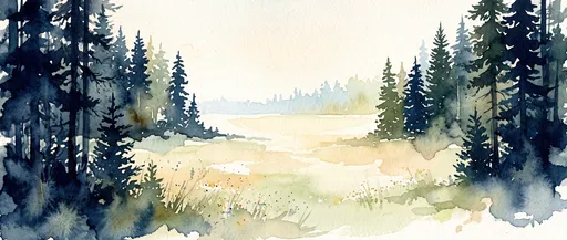 Watercolor Pine Forest Clearing Panorama