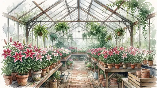 Watercolor Greenhouse With Blooming Stargazer Lilies