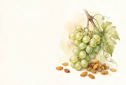 Botanical Watercolor of Green Grapes and Raisins