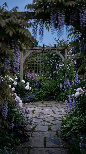 Twilight English Cottage Garden with Wooden Pergola