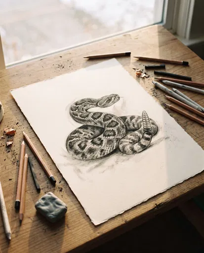Charcoal Rattlesnake Sketch on Artist Desk
