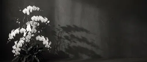 Monochrome White Orchids Against Dark Wall