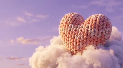 Knitted Coral Heart on Fluffy Cloud