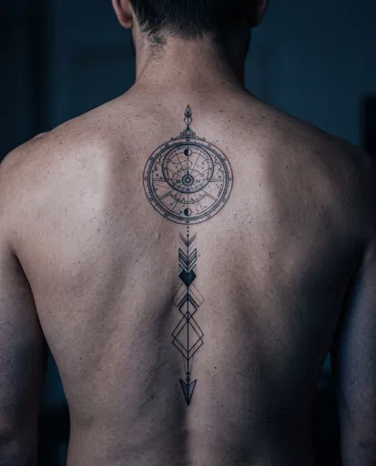 Geometric Astrolabe Spine Tattoo on Man