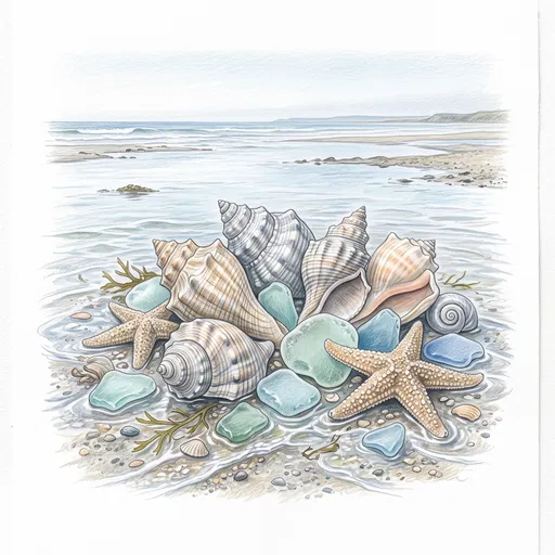 Colored Pencil Seashells and Sea Glass