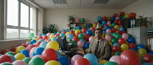 Deadpan Office Worker Surrounded by Birthday Balloons