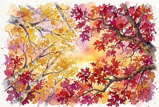 Watercolor Autumn Canopy of Birch and Oak