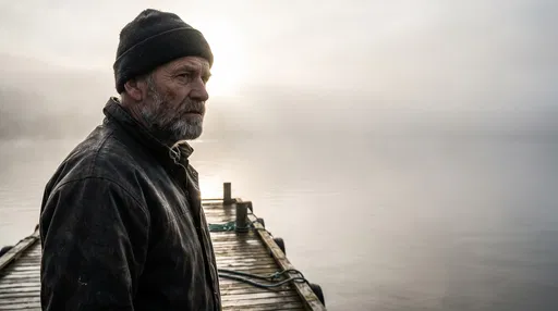 Weathered Fisherman on Misty Pier