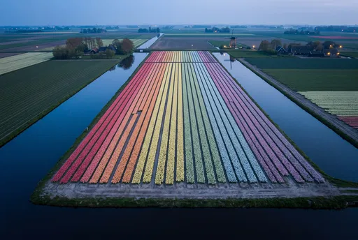 Aerial Pastel Rainbow Dutch Tulip Field