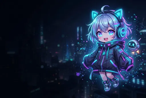 Cyberpunk Chibi Girl With Floating Robot